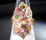 Ажурное серебряное кольцо с разноцветными турмалинами и диопсидами
