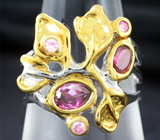 Серебряное кольцо с родолитами и розовыми сапфирами