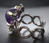 Серебряное кольцо со сливовым аметистом, родолитами и синими сапфирами