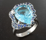 Серебряное кольцо с голубым топазом 11,05 карата и синими сапфирами Серебро 925