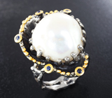 Серебряное кольцо с жемчужиной барокко 25,5 карата и синими сапфирами Серебро 925