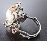 Стильное серебряное кольцо с жемчугом и цаворитами Серебро 925