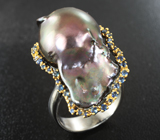 Серебряное кольцо с жемчужиной барокко 39,1 карата и синими сапфирами