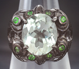 Серебряное кольцо с зеленым аметистом 10+ карат и диопсидами