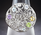 Ажурное серебряное кольцо с аметистом, перидотом, цитрином и голубыми топазами Серебро 925