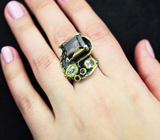 Серебряное кольцо с дымчатым кварцем, аметистом, голубым топазом и синими сапфирами