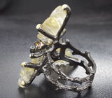 Серебряное кольцо с резным рутиловым кварцем и родолитами Серебро 925