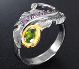 Серебряное кольцо с зеленым турмалином и аметистами Серебро 925