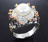 Серебряное кольцо с жемчужиной и рубинами Серебро 925