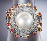 Серебряное кольцо с жемчужиной и рубинами Серебро 925