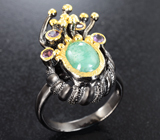 Серебряное кольцо с зеленым бериллом и аметистами Серебро 925