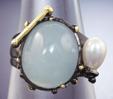 Серебряное кольцо с аквамарином и жемчужиной Серебро 925