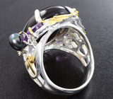Серебряное кольцо с дымчатым кварцем, цветным жемчугом, аметистами и синими сапфирами Серебро 925