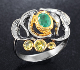 Серебряное кольцо с изумрудом и желтыми сапфирами