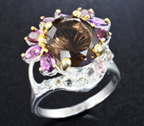 Серебряное кольцо с дымчатым кварцем, родолитами, аметистами, голубыми топазами и розовыми турмалинами Серебро 925