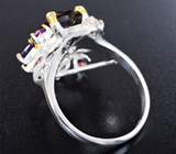 Серебряное кольцо с дымчатым кварцем, родолитами, аметистами, голубыми топазами и розовыми турмалинами Серебро 925