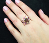 Серебряное кольцо с дымчатым кварцем, родолитами, аметистами, голубыми топазами и розовыми турмалинами
