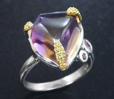 Серебряное кольцо с аметрином 13,73 карата, родолитами, розовым и желтыми сапфирами