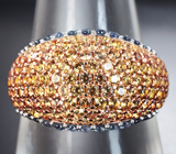 Роскошное серебряное кольцо с золотистыми и васильковыми сапфирами бриллиантовой огранки