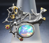 Серебряное кольцо с кристаллическим эфиопским опалом и красными сапфирами Серебро 925