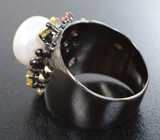 Серебряное кольцо с жемчужиной и разноцветными турмалинами Серебро 925