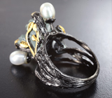 Серебряное кольцо с резным аквамарином и жемчугом