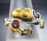 Серебряное кольцо «Золотая рыбка» с родолитами, аквамаринами и танзанитом Серебро 925