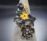 Серебряное кольцо с кристаллическими черными опалами, бесцветными топазами и диопсидом