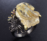 Серебряное кольцо с резным рутиловым кварцем, аквамарином, желтым и розовым турмалинами Серебро 925