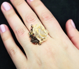 Серебряное кольцо с резным рутиловым кварцем, аквамарином, желтым и розовым турмалинами Серебро 925