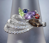 Серебряное кольцо с дымчатым кварцем, аметистом, перидотом, синим сапфиром и альмандином гранатом