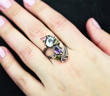 Серебряное кольцо с голубым топазом, аметистом, цитрином, желто-зеленым и розовыми турмалинами