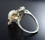 Серебряное кольцо с жемчужиной, эфиопскими опалами, кабошонами розовых турмалинов и сапфирами