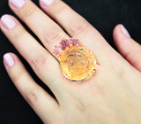 Массивное контрастное золотое кольцо с резным цитрином 38,72 карата и турмалинами Золото