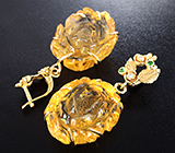 Крупные золотые серьги с резными медовыми цитринами 75,74 карата, цаворитами и бриллиантами