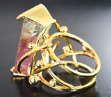 Золотое кольцо с крупным арбузным 18,62 карата и розовыми турмалинами, цаворитами и бриллиантами Золото