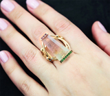 Золотое кольцо с крупным арбузным 18,62 карата и розовыми турмалинами, цаворитами и бриллиантами Золото