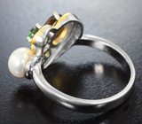 Романтичное серебряное кольцо с жемчужиной, перидотом, кабошоном цитрина и желтым сапфиром