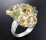 Сребряное кольцо с цитринами, перидотом, желтым и зелеными турмалинами Серебро 925