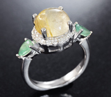 Оригинальное серебряное кольцо с рутиловым кварцем и изумрудами Серебро 925