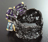 Серебряное кольцо c аметистами, голубым топазом, розовыми турмалинами и родолитом Серебро 925