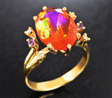 Золотое кольцо с ярким ограненным мексиканским опалом 2,58 карата, аметистами и бриллиантами Золото