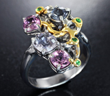 Серебряное кольцо с разноцветными шпинелями 3,73 карата и цаворитами Серебро 925
