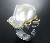 Серебряное кольцо с жемчужиной барокко, родолитом, насыщенно-синим топазом, диопсидом и розовым турмалином Серебро 925