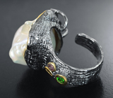 Серебряное кольцо с жемчужиной барокко, родолитом, насыщенно-синим топазом, диопсидом и розовым турмалином Серебро 925