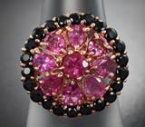 Роскошное серебряное кольцо с розовыми турмалинами и черными шпинелями Серебро 925