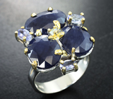 Серебряное кольцо с синими сапфирами 13,14 карата, танзанитами и голубым топазом Серебро 925