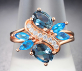 Чудесное серебряное кольцо с насыщенно-синими топазами и «неоновыми» апатитами Серебро 925