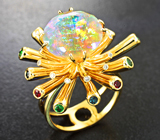 Золотое кольцо с ограненным эфиопским опалом 5,57 карата, гранатами, сапфирами и бриллиантами Золото