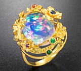Золотое кольцо с топовым ограненным эфиопским опалом 6 карат, самоцветами и бриллиантами Золото